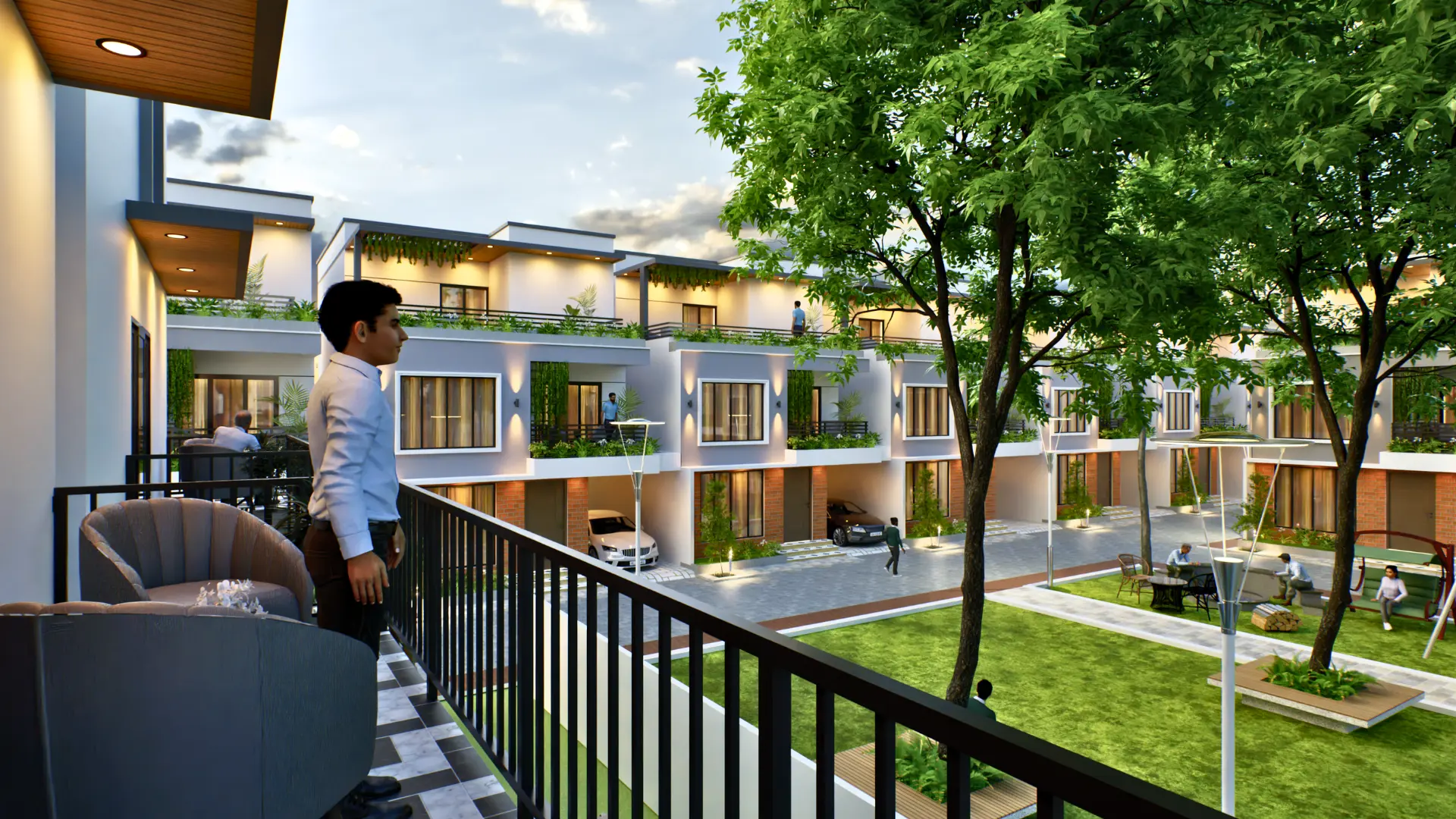 Central lounge and courtyard area at Sportz Valley Sarjapur
